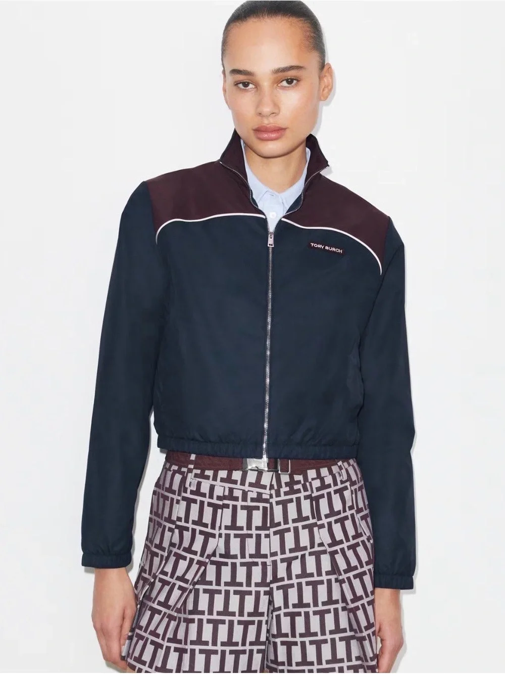 Tory Burch Navy and Burgundy Lightweight Track Jacket